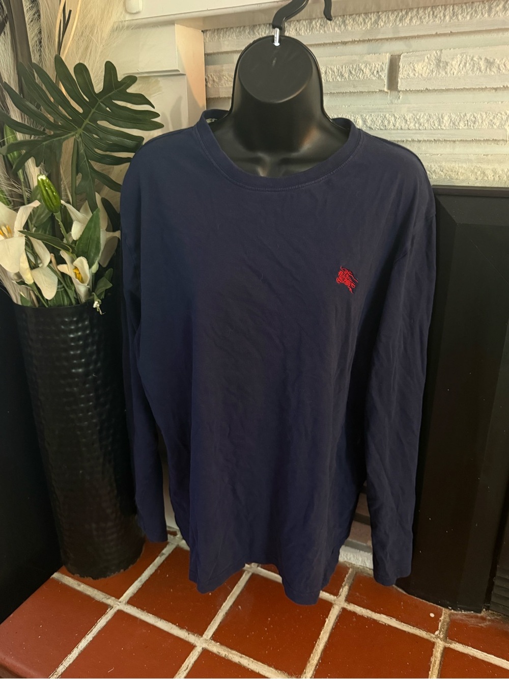 Unisex Navy Long-Sleeve Burberry Crewneck Shirt - Size XL